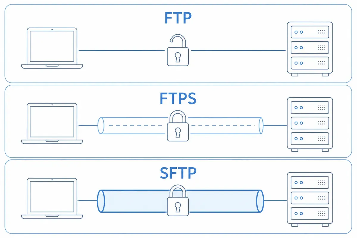 Diagram tiga protokol FileZilla: FTP bergembok terbuka, FTPS dan SFTP lewat jalur terenkripsi.