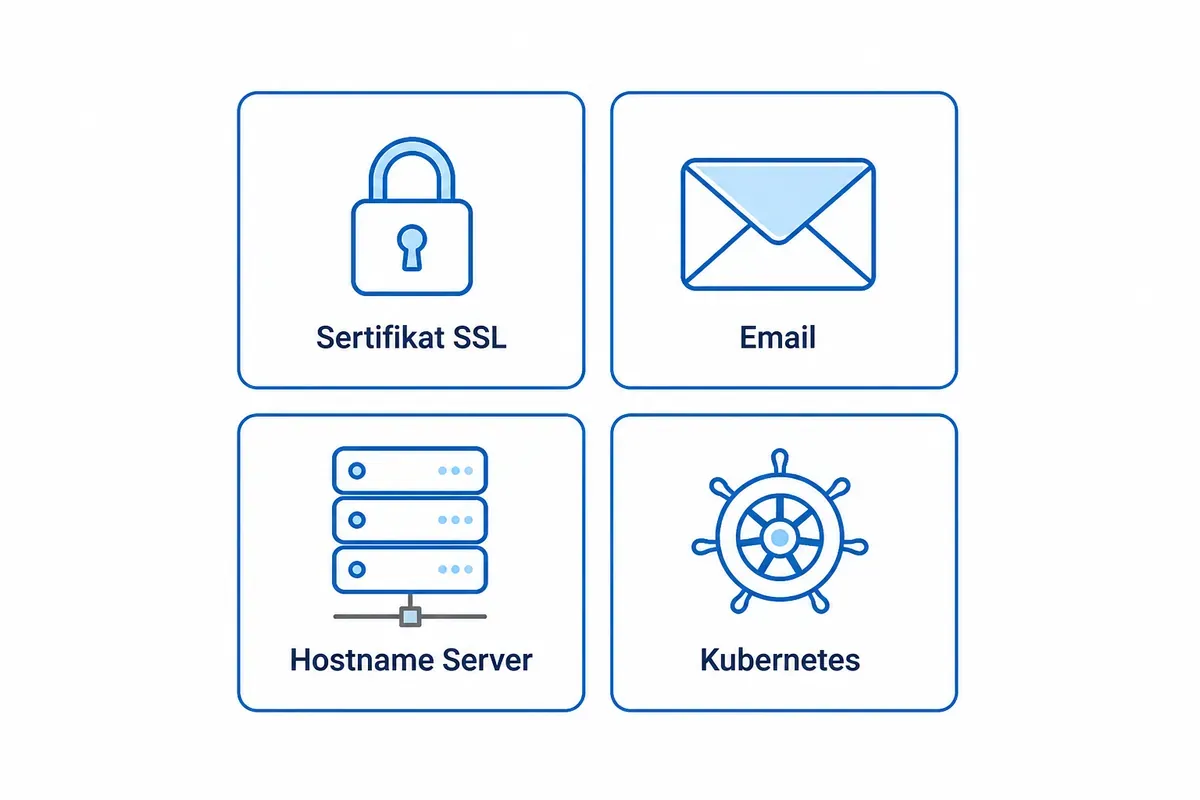 Empat layanan yang mewajibkan FQDN: sertifikat SSL, email, hostname server, dan Kubernetes.