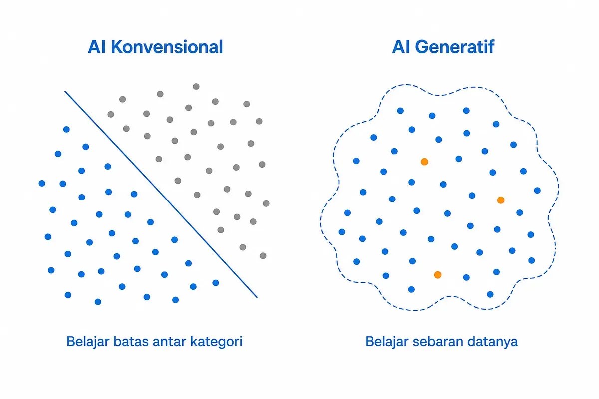 AI konvensional menarik garis pemisah antar kelompok titik; AI generatif memetakan sebarannya lalu memunculkan titik baru.