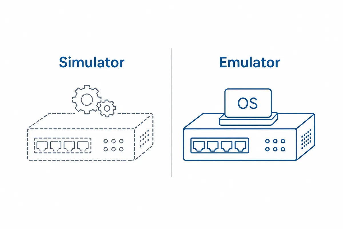 Simulator (kiri) meniru perangkat lewat program tiruan, emulator (kanan) menjalankan sistem operasi perangkat yang asli.