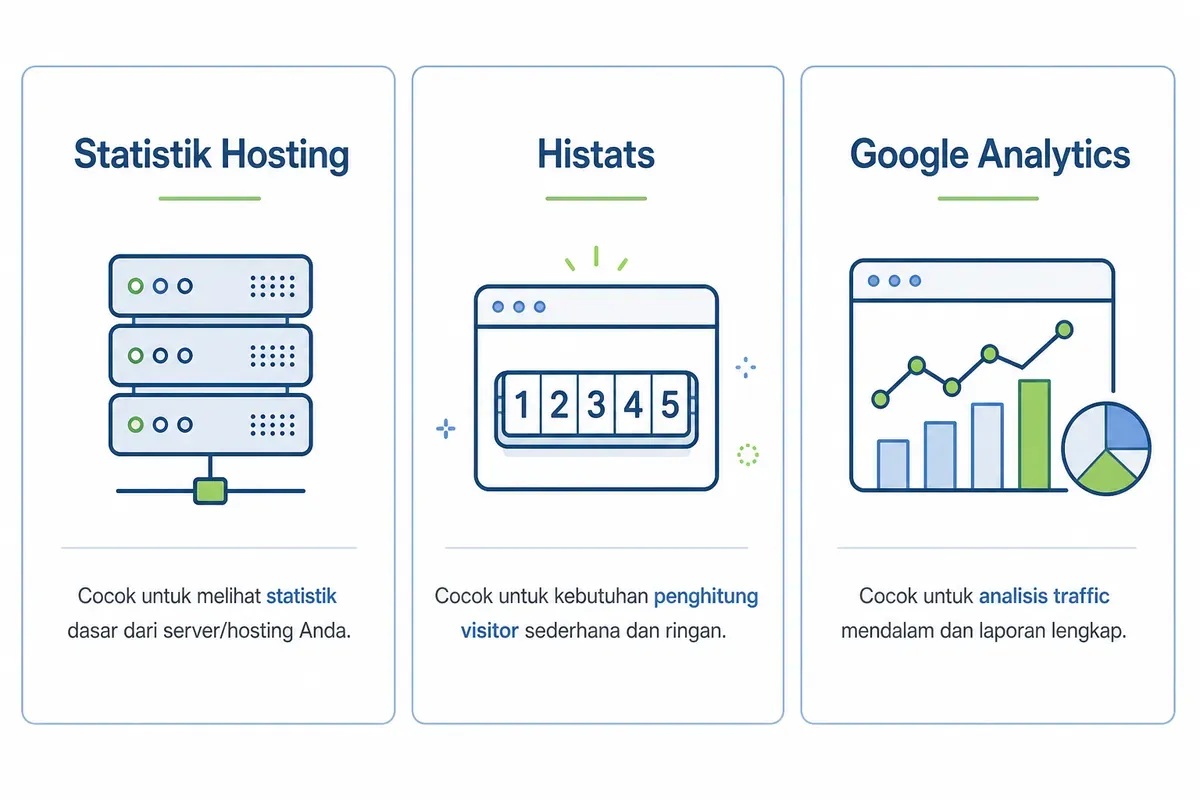 Statistik Hosting untuk data dasar, Histats untuk visitor ringan, Google Analytics untuk analisis mendalam.