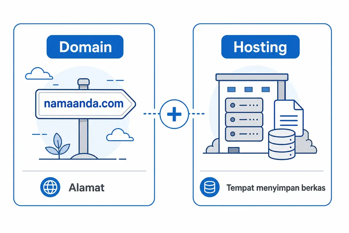 Diagram perbedaan hosting dan domain: hosting menyimpan berkas website, domain menjadi alamatnya.