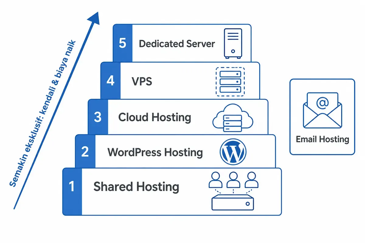 Diagram jenis-jenis hosting, dari shared hosting sampai dedicated server, dengan email hosting terpisah.