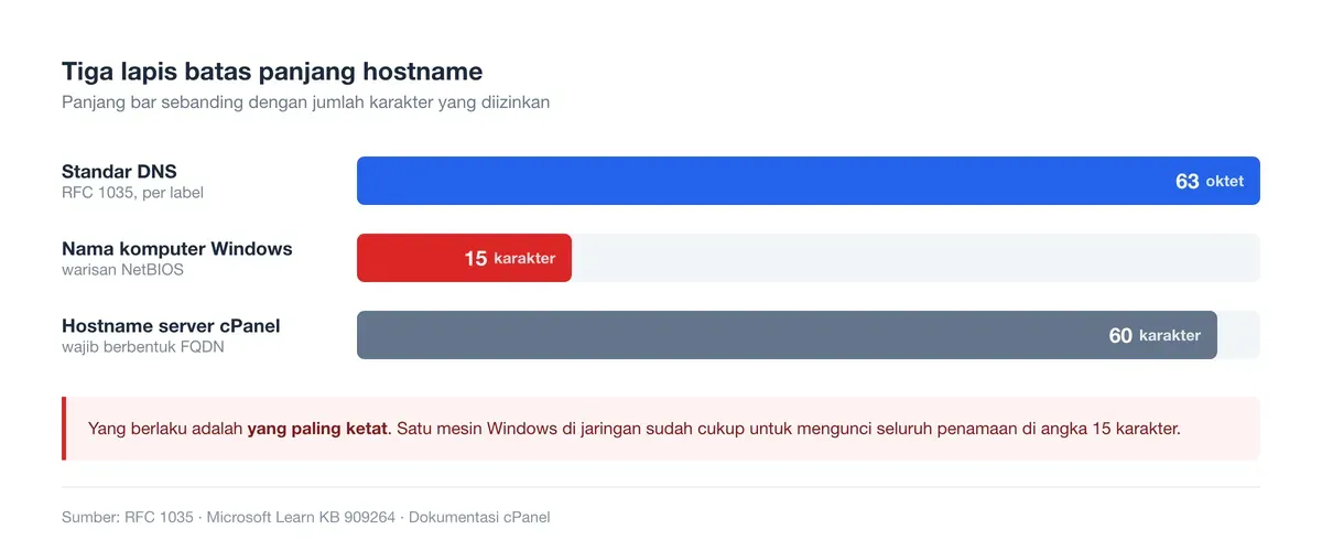 Perbandingan batas panjang hostname: 63 oktet standar DNS, 15 karakter Windows, dan 60 karakter server cPanel.