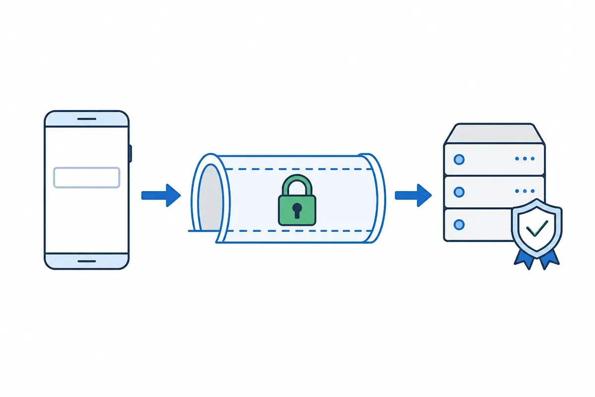 Cara kerja DNS pribadi Android: kueri dari ponsel melewati terowongan terenkripsi menuju server DNS bersertifikat.