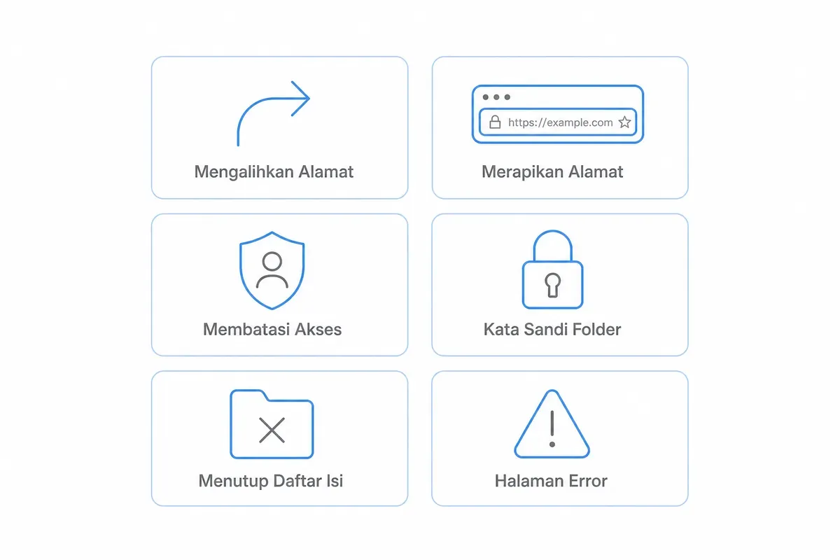 Enam fungsi .htaccess: mengalihkan dan merapikan alamat, membatasi akses, kata sandi folder, tutup daftar isi, halaman error.