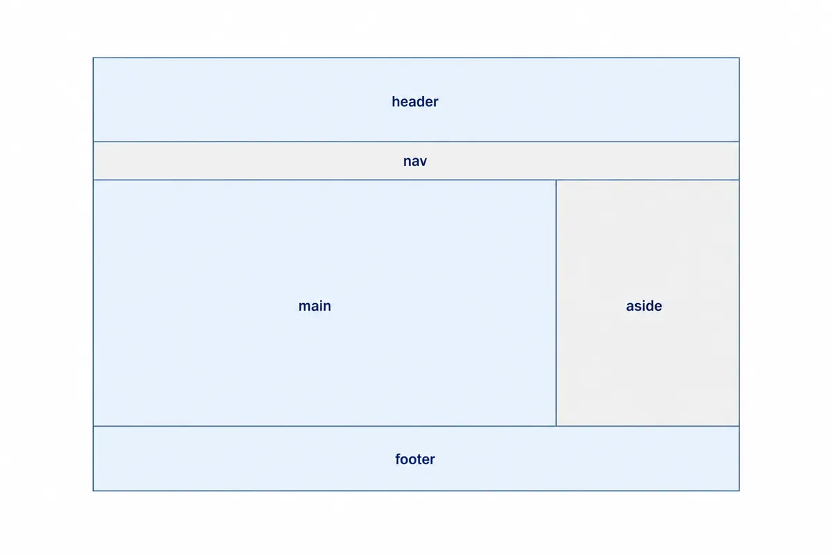 Struktur halaman dengan tag semantik HTML5: header, nav, main di kolom lebar, aside di kolom sempit, footer.