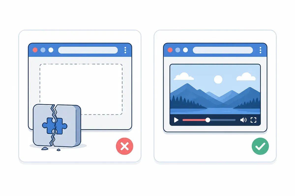 Pemutaran video di browser: kiri gagal karena plugin terpisah retak, kanan berjalan langsung berkat HTML5.