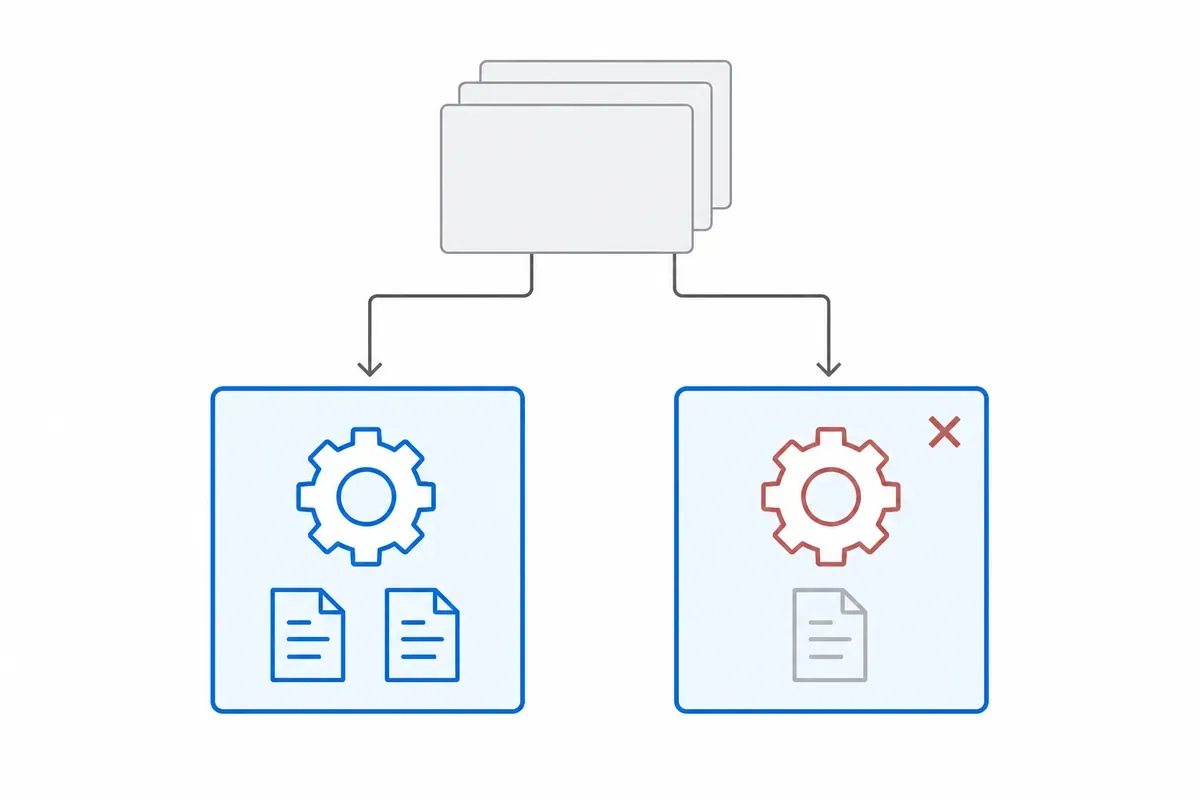 Diagram isolasi application pool IIS: antrean permintaan dibagi ke dua pool terpisah, satu berjalan normal dan satu gagal.