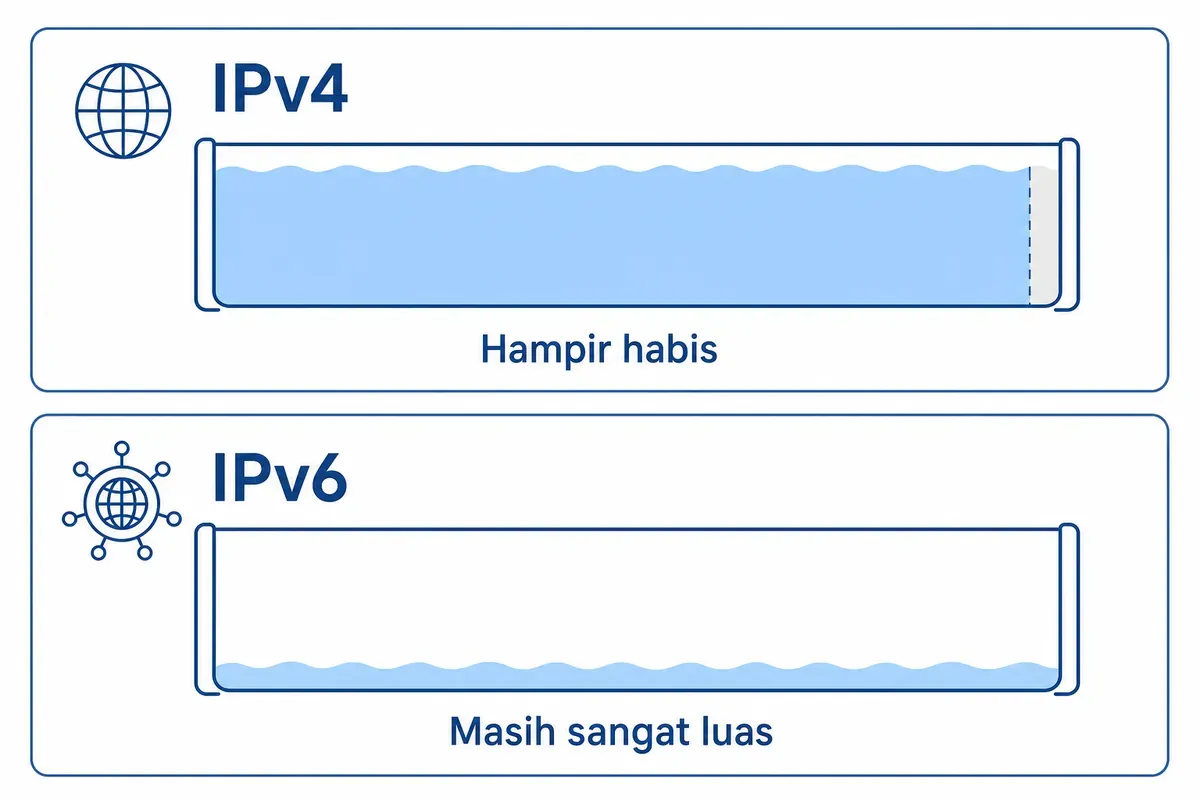 Diagram dua wadah: wadah IPv4 hampir penuh menandakan alamat nyaris habis, wadah IPv6 masih hampir kosong.