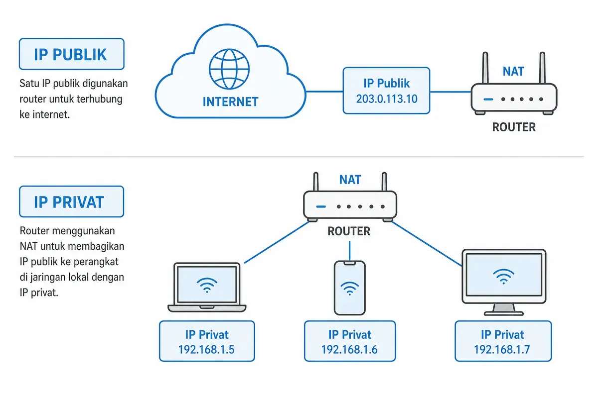 Diagram IP publik dan IP privat: router menerima satu IP publik lalu membagikannya ke tiga perangkat 192.168.1.x lewat NAT.