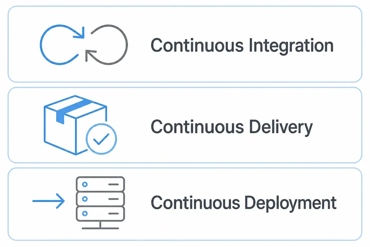 Tiga kartu CI/CD: Continuous Integration, Continuous Delivery (paket bercentang), dan Continuous Deployment (menuju server).