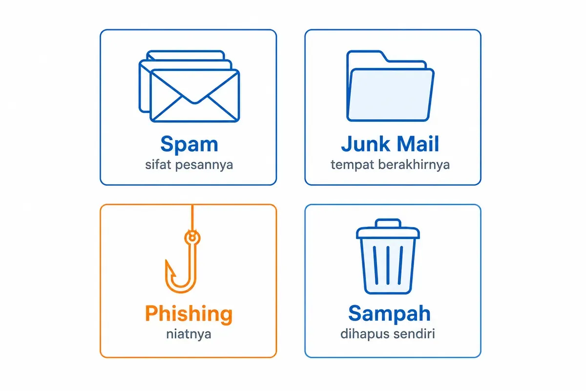 Empat kartu: Spam sifat pesannya, Junk Mail tempat berakhirnya, Phishing niatnya, Sampah dihapus sendiri.