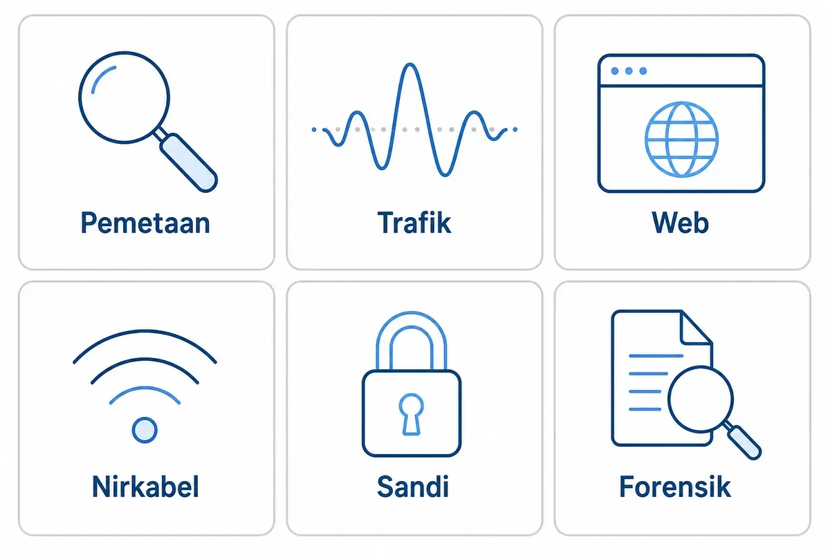 Enam kelompok pekerjaan tool Kali Linux: pemetaan, trafik, web, nirkabel, sandi, dan forensik.