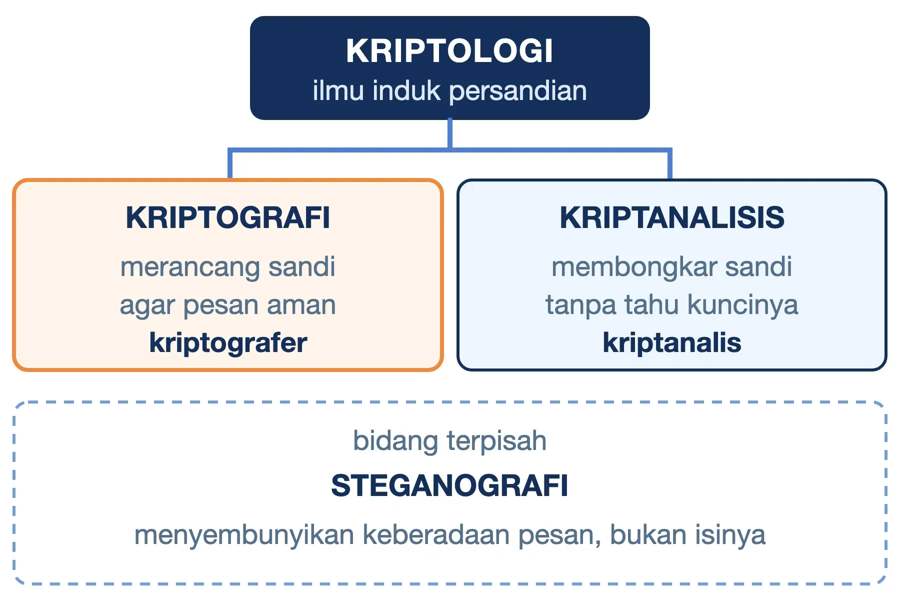 Kriptologi membawahi kriptografi yang merancang sandi dan kriptanalisis yang membongkarnya; steganografi bidang terpisah.
