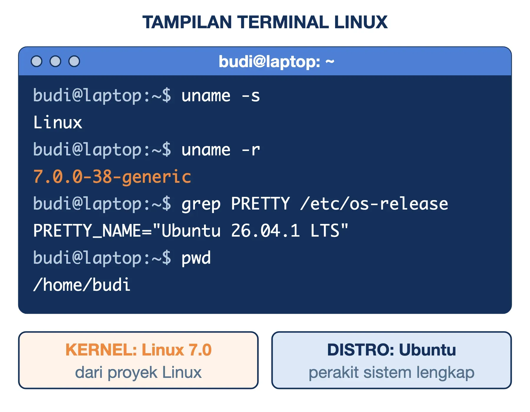 Tampilan terminal Linux di Ubuntu 26.04.1: uname -r menunjukkan kernel 7.0.0-38-generic, os-release menunjukkan distronya.