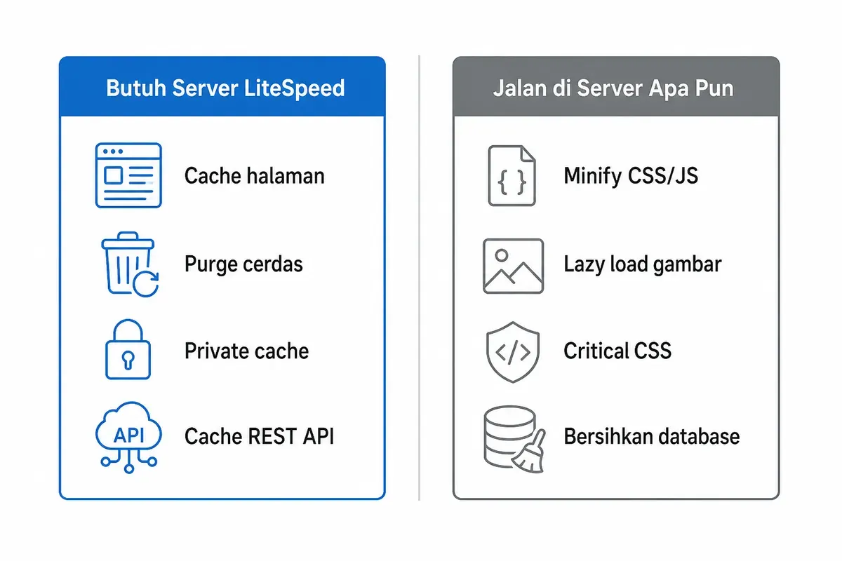 Cache halaman dan purge cerdas butuh server LiteSpeed, sedangkan minify dan lazy load berjalan di server apa pun.