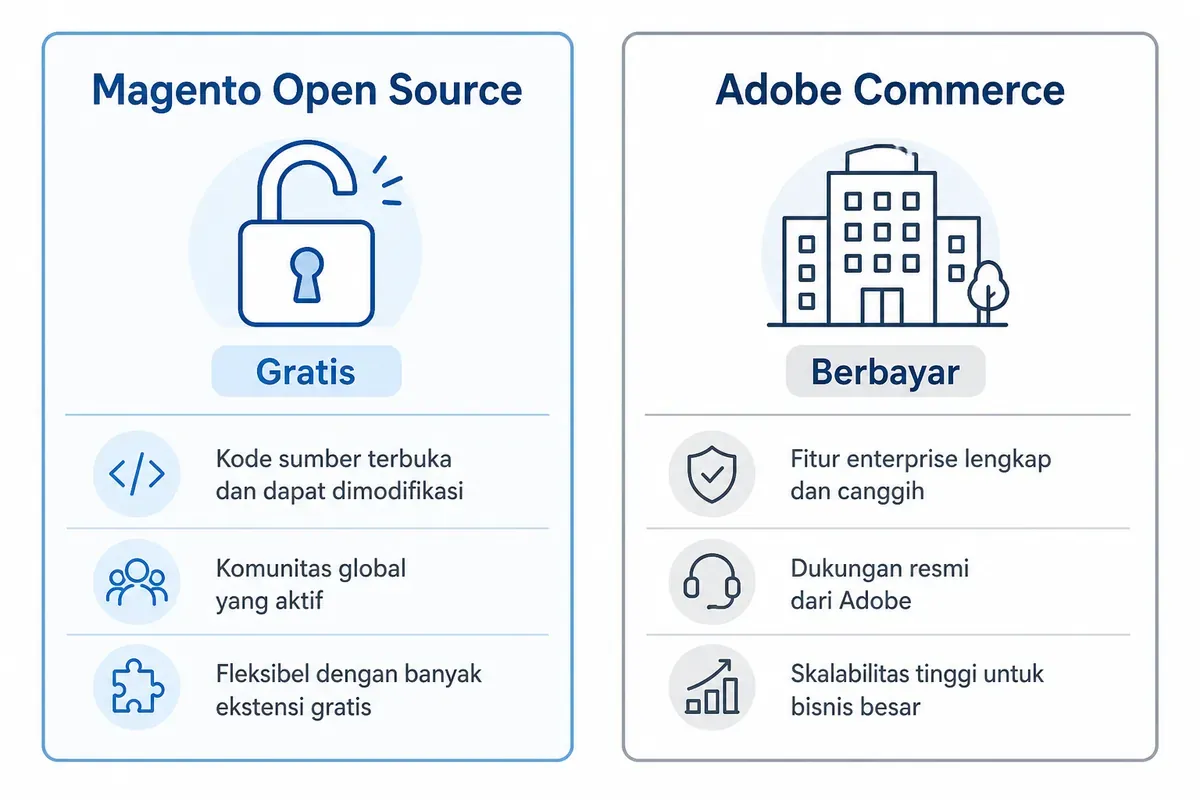 Diagram perbandingan Magento Open Source yang gratis dan berbasis komunitas dengan Adobe Commerce berbayar berdukungan resmi.
