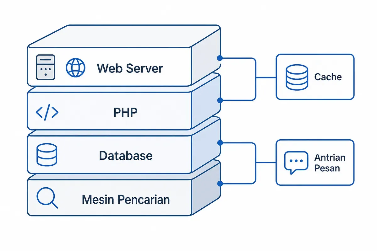Diagram lapisan server Magento: web server, PHP, database, dan mesin pencarian, plus cache dan antrian pesan.