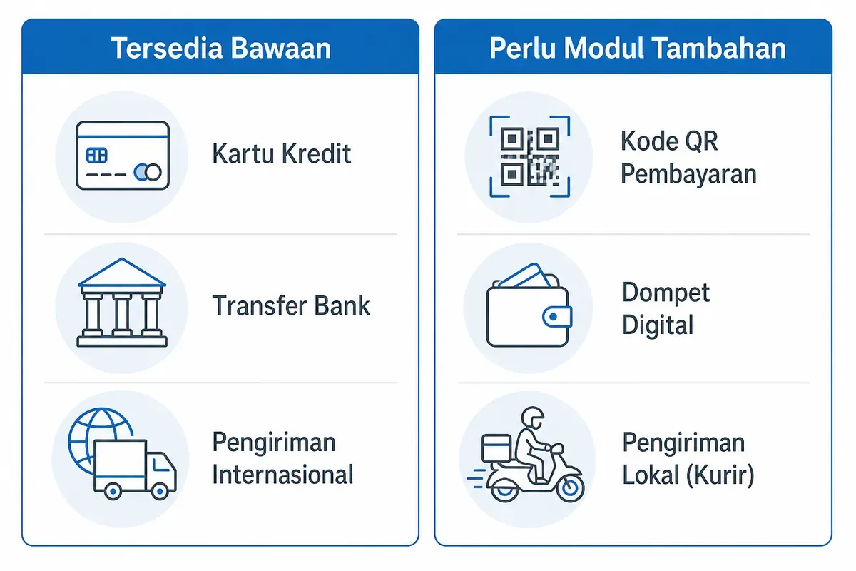 Kartu kredit, transfer bank, dan kirim internasional bawaan Magento; kode QR, dompet digital, dan kurir lokal perlu modul.