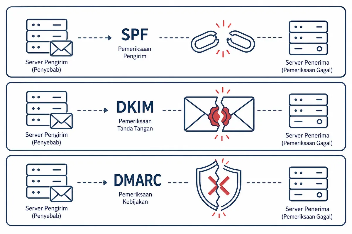 Skema pemeriksaan email SPF, DKIM, dan DMARC yang terputus akibat mailing list.