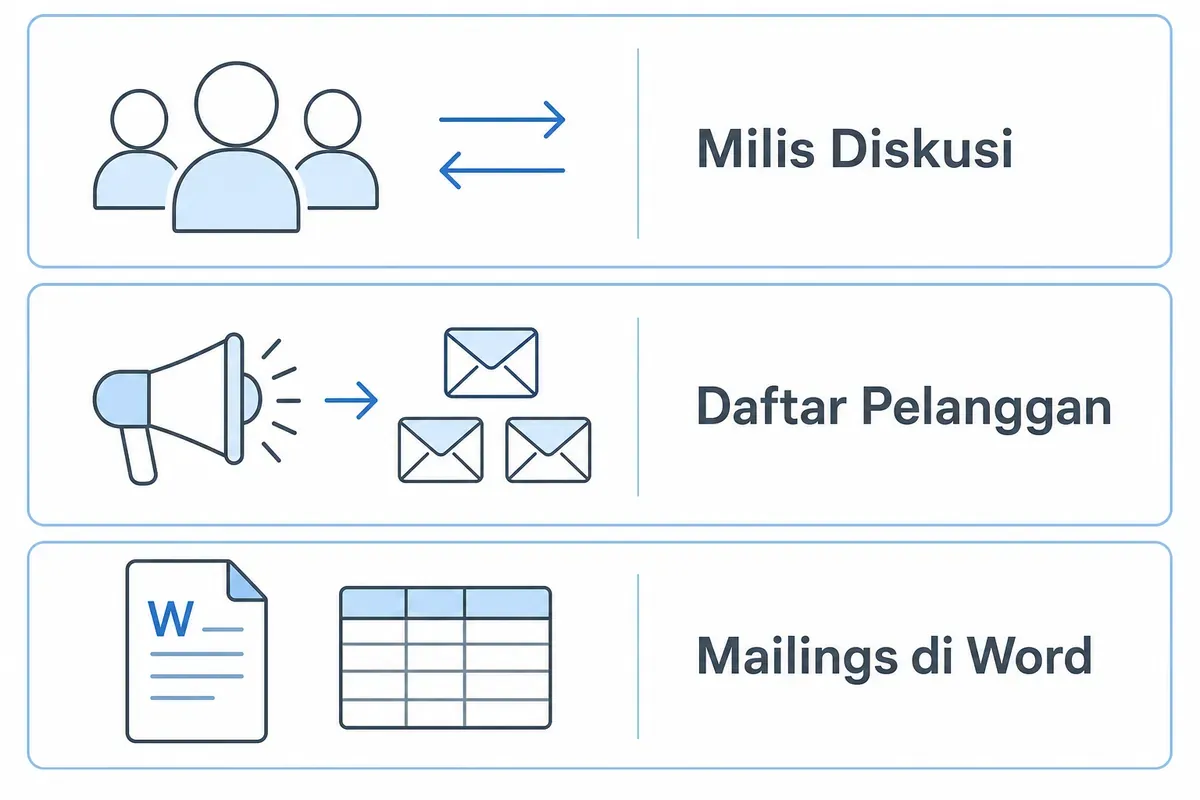 Diagram perbandingan mailing list: milis diskusi, daftar pelanggan, dan mailings di Word.