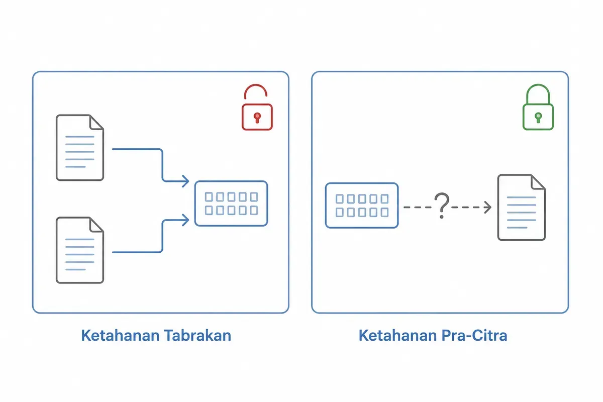 Diagram perbandingan ketahanan MD5: ketahanan tabrakan dan ketahanan pra-citra.