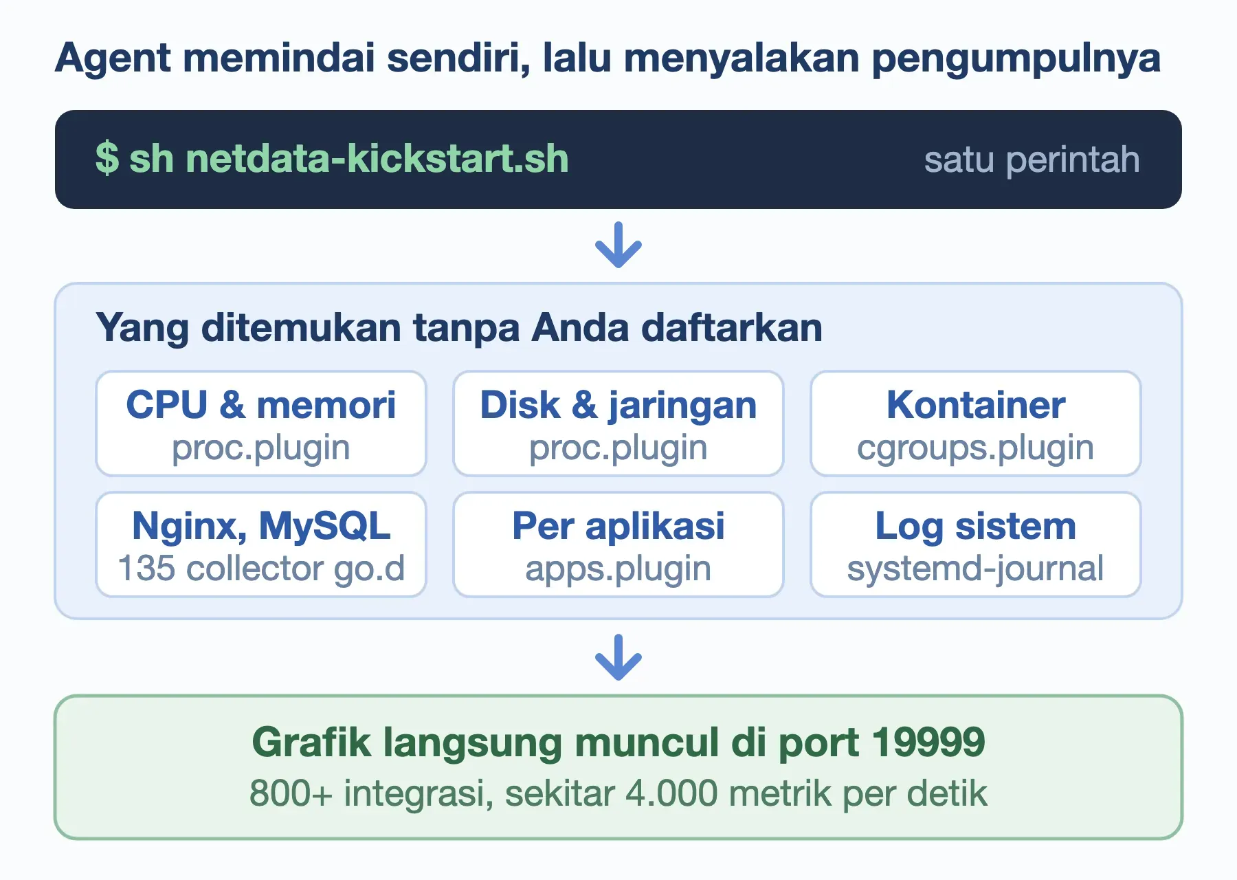 Monitoring otomatis Netdata: satu perintah, agent memindai sistem, lalu grafik muncul sendiri di port 19999.