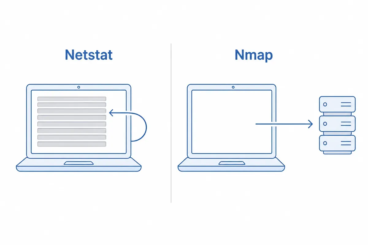 Netstat membaca tabel koneksi di dalam komputer sendiri, sedangkan Nmap memindai keluar menuju server lain.