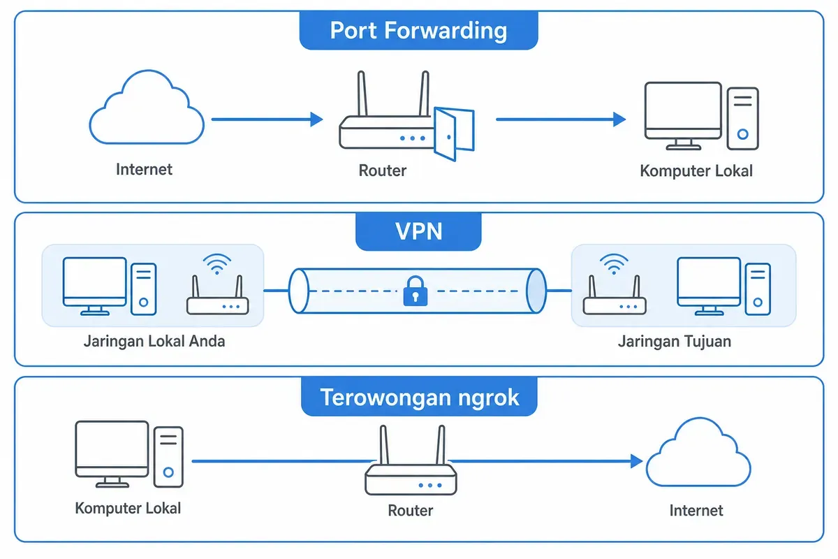Diagram perbandingan Port Forwarding, VPN, dan terowongan ngrok untuk akses komputer lokal.