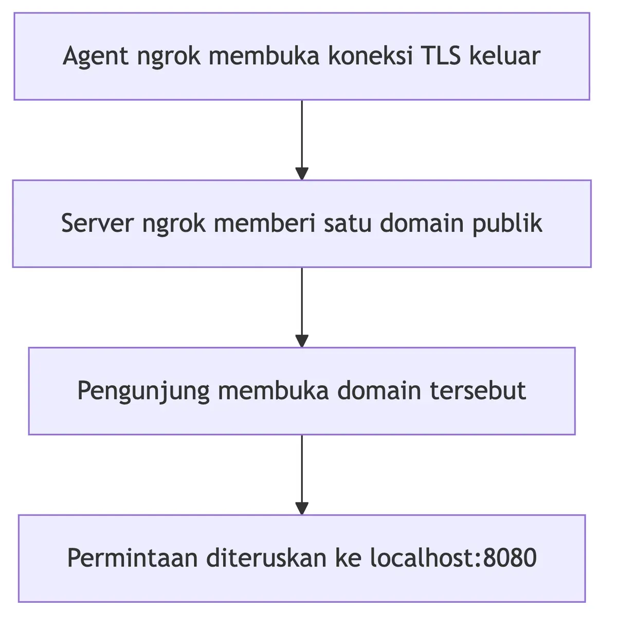 Diagram alur kerja ngrok dari koneksi TLS keluar hingga permintaan diteruskan ke localhost.