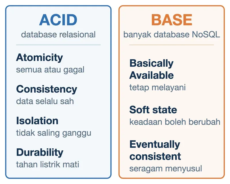 ACID relasional: atomicity, consistency, isolation, durability. BASE NoSQL: tetap melayani, konsisten menyusul.