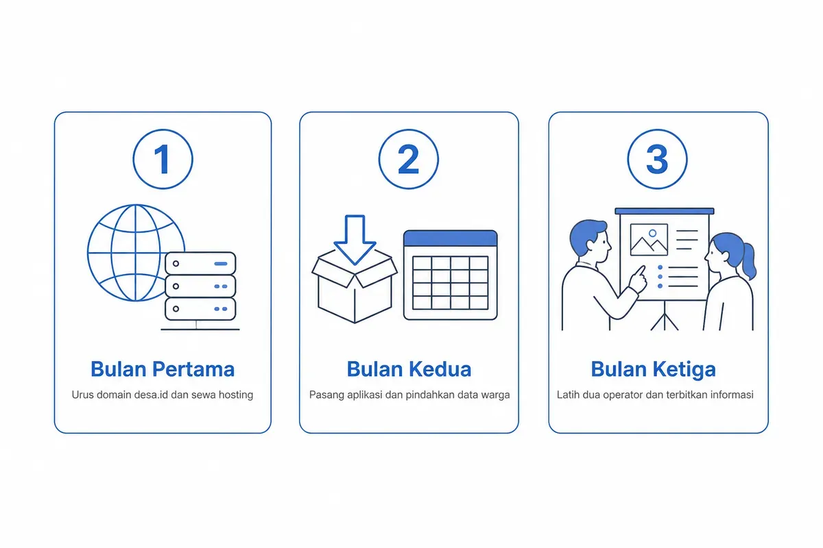 Urutan tiga bulan memulai OpenSID: bulan 1 domain dan hosting, bulan 2 pemasangan dan pemindahan data, bulan 3 pelatihan.