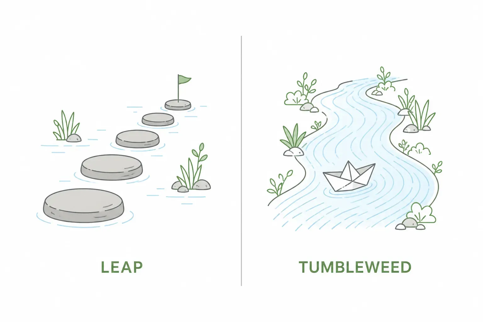 Dua model rilis openSUSE: Leap di kiri sebagai batu pijakan berjarak tetap, Tumbleweed di kanan sebagai sungai mengalir.