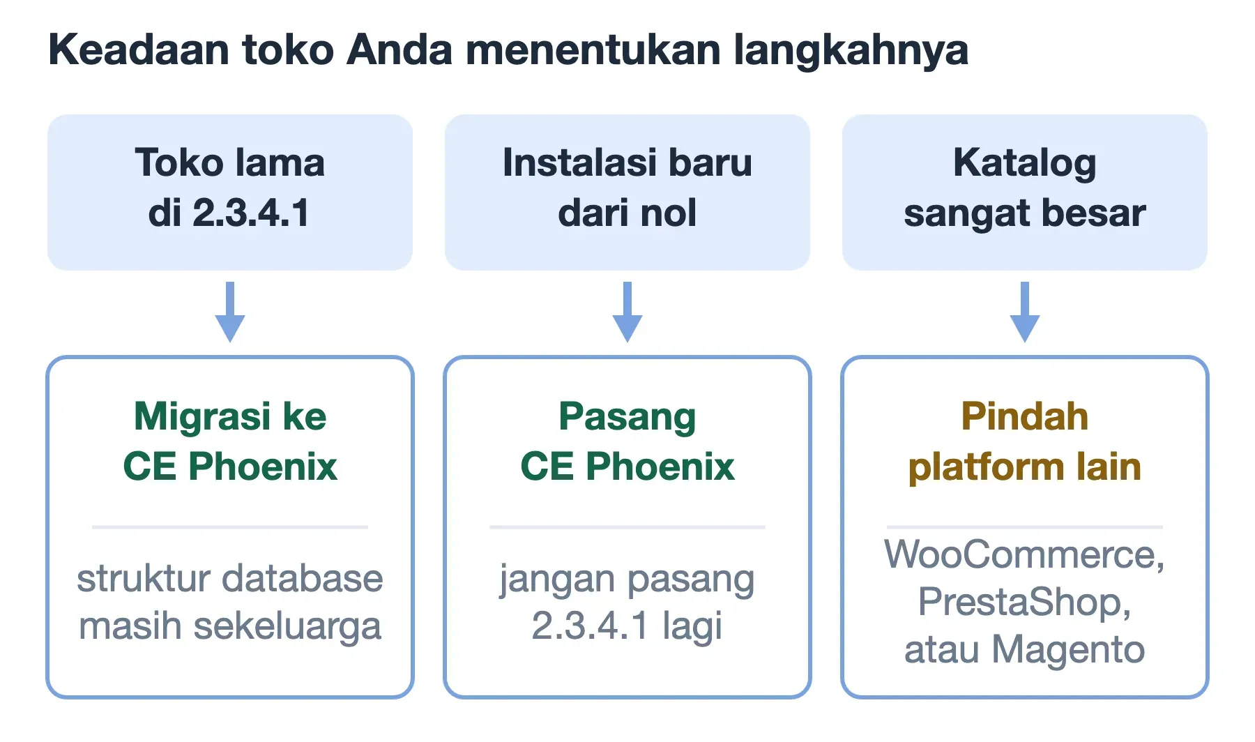 Tiga keadaan toko: 2.3.4.1 sebaiknya migrasi ke CE Phoenix, instalasi baru pasang Phoenix, katalog besar pindah platform.