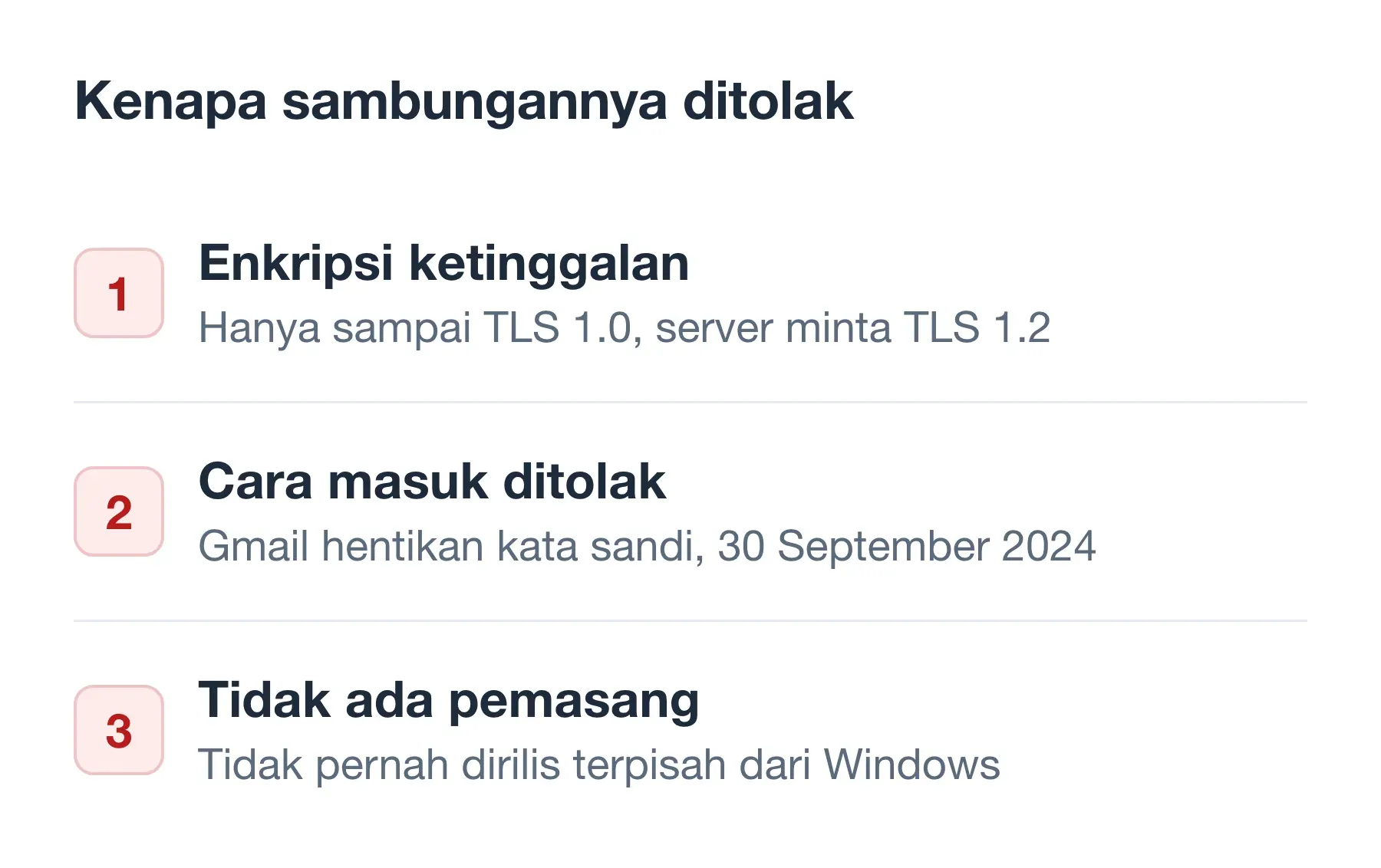 Tiga sebab Outlook Express ditolak server: batas TLS 1.0, Gmail hentikan kata sandi, tidak ada berkas pemasang.