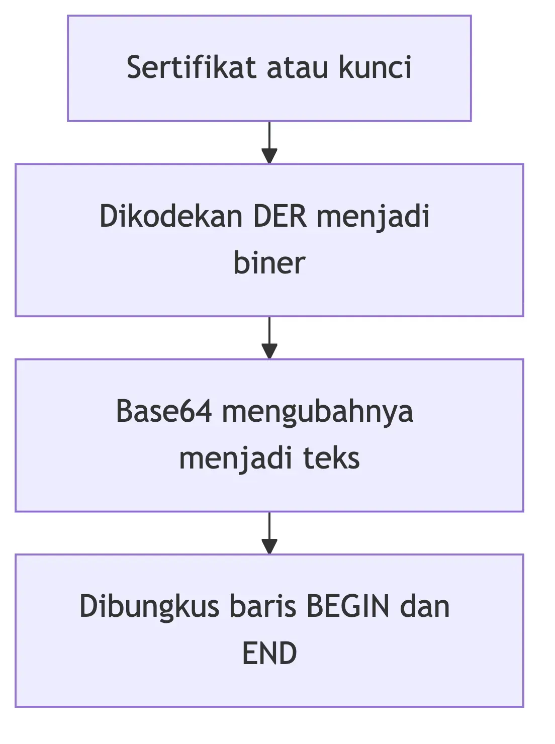Diagram alur pembentukan berkas PEM: sertifikat atau kunci dikodekan DER, diubah Base64, lalu dibungkus BEGIN dan END.