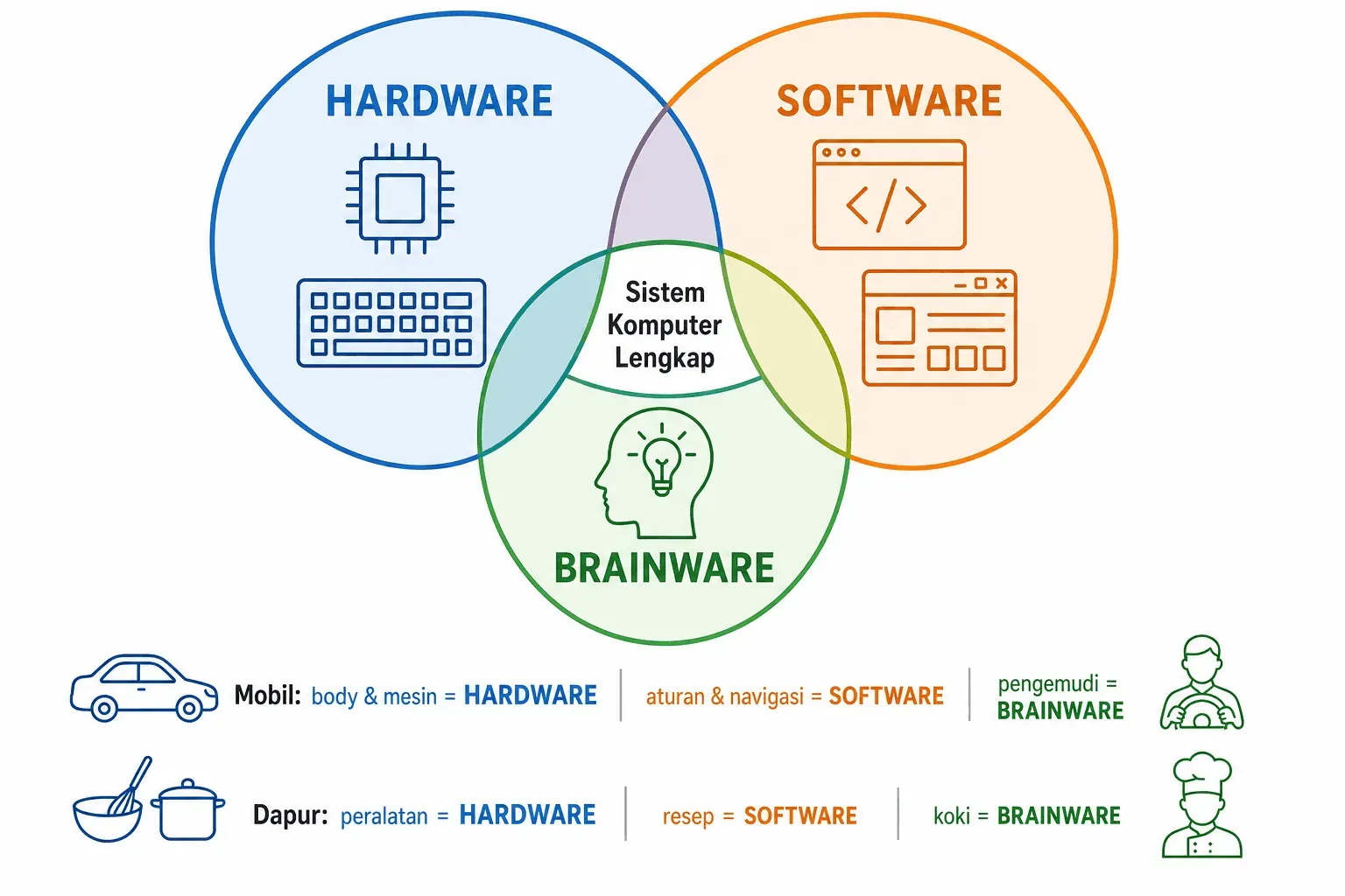 Hardware, software, dan brainware membentuk sistem komputer lengkap, dianalogikan seperti mobil dan dapur.