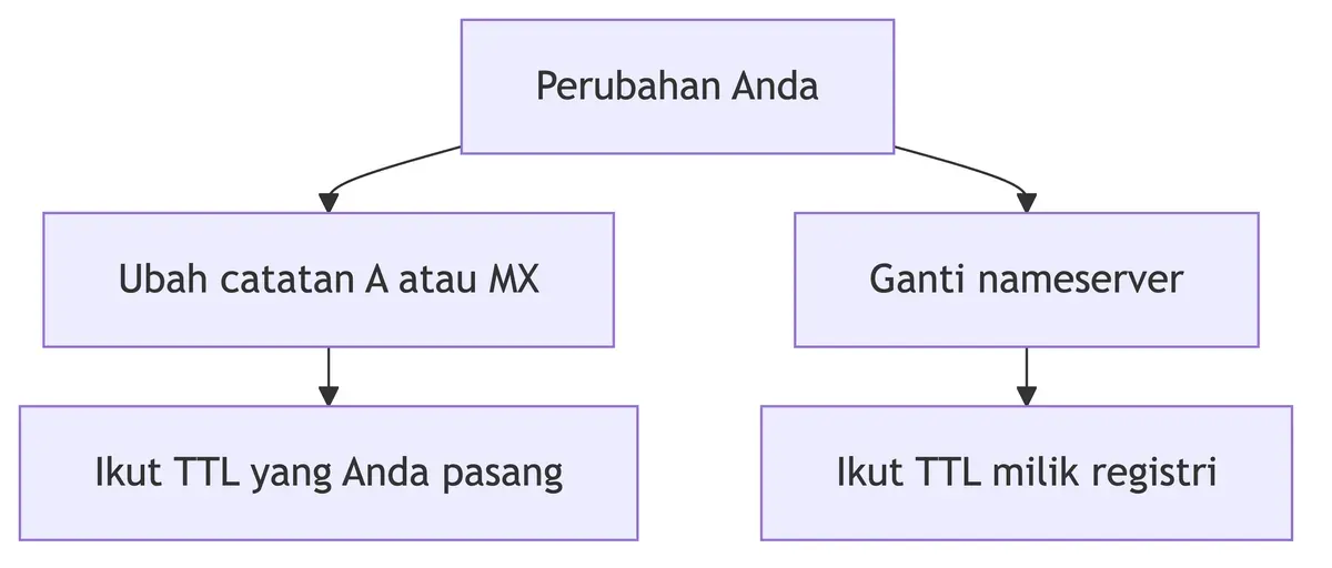 Dua jalur: mengubah catatan A atau MX mengikuti TTL yang Anda pasang, mengganti nameserver mengikuti TTL milik registri.