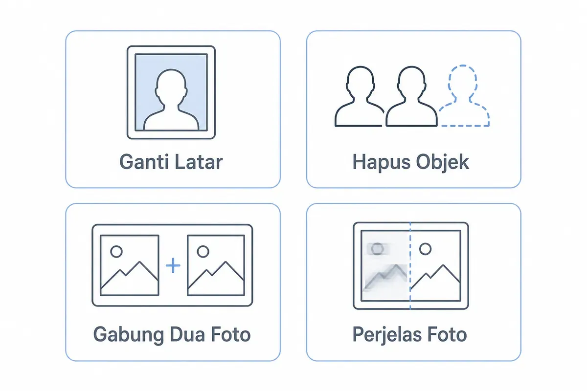Empat tugas edit foto di Gemini: ganti latar, hapus objek, gabung dua foto, dan perjelas foto.