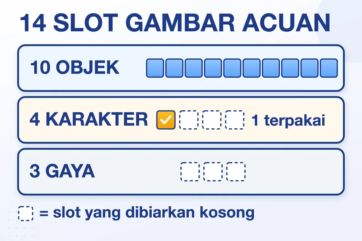 Nano Banana 2 menerima 14 gambar acuan: 10 objek, 4 karakter, 3 gaya. Foto diri memakai satu slot karakter.