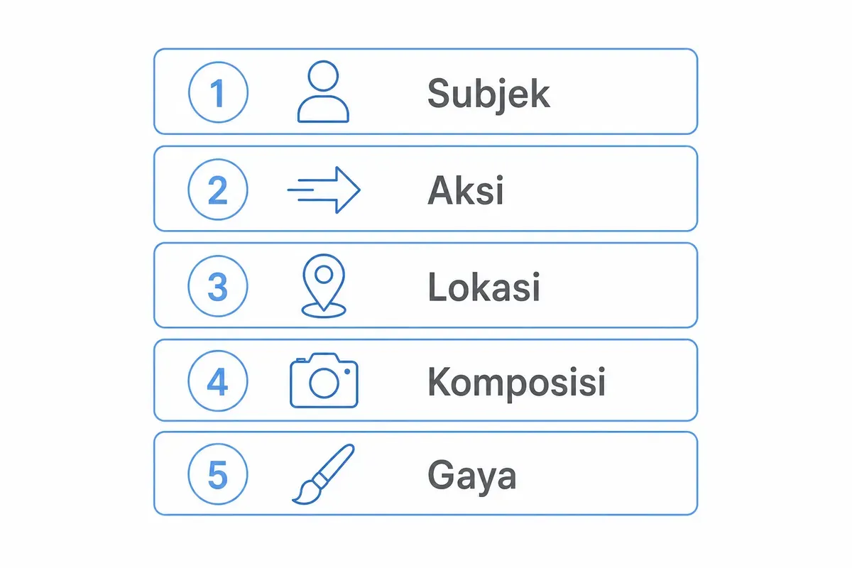Lima bagian prompt Gemini AI berurutan: subjek, aksi, lokasi, komposisi, dan gaya.
