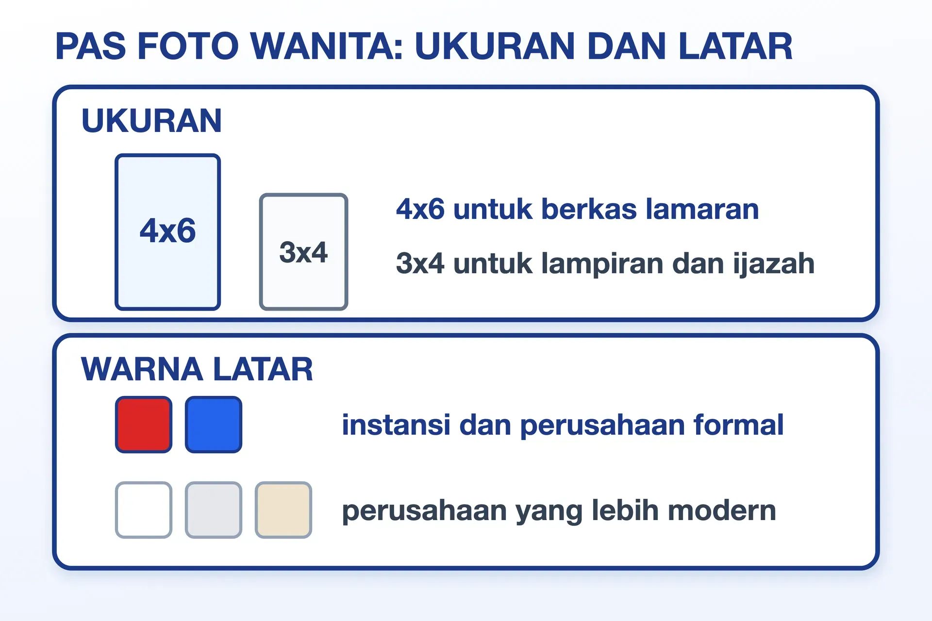 Pas foto wanita 4x6 untuk berkas lamaran dan 3x4 untuk lampiran; latar merah atau biru untuk instansi formal.