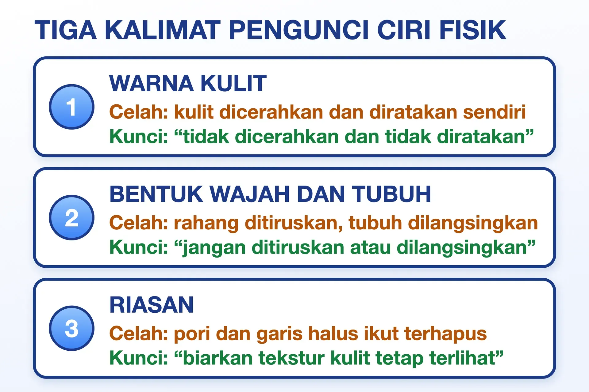 Tiga kalimat pengunci agar prompt tidak mengubah wajah: kulit tidak dicerahkan, wajah tidak ditiruskan, pori dibiarkan.