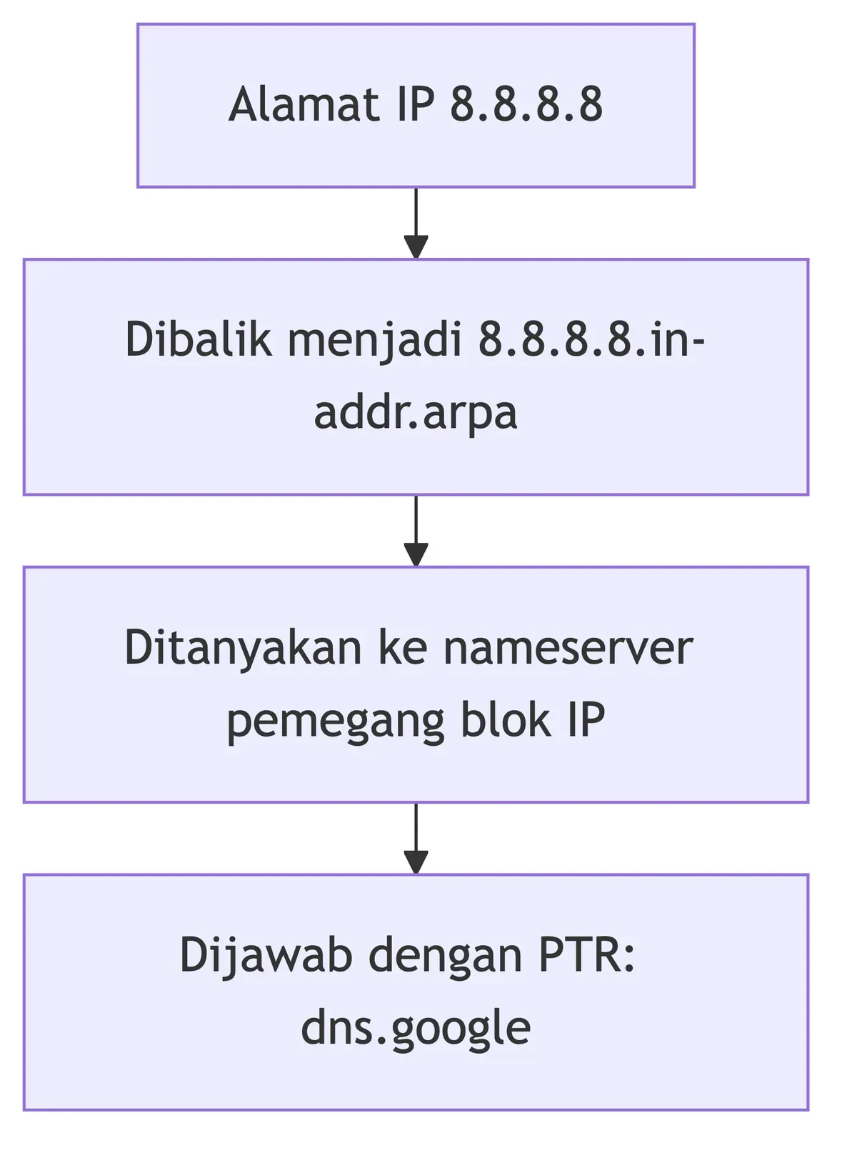 Alur reverse DNS: 8.8.8.8 dibalik jadi 8.8.8.8.in-addr.arpa, ditanya ke pemegang blok IP, dijawab PTR dns.google.