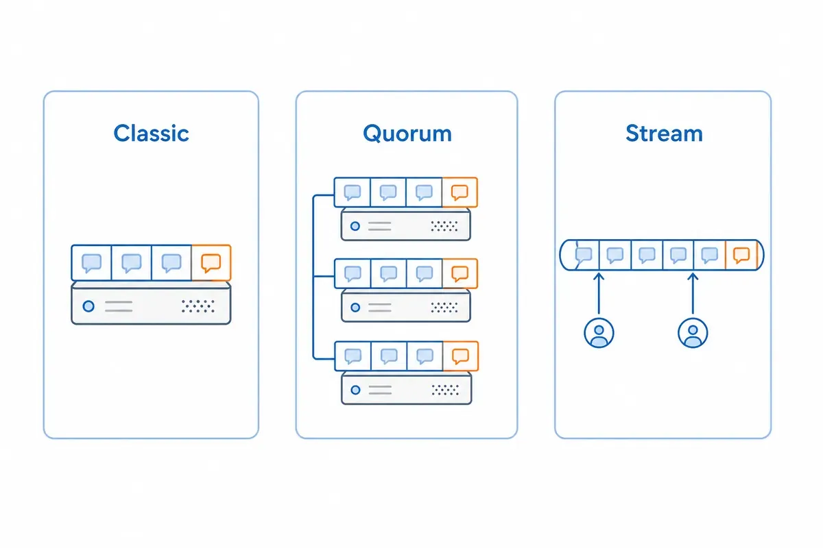 Diagram tiga jenis antrian RabbitMQ: Classic satu server, Quorum tersalin ke tiga server, Stream dibaca ulang.