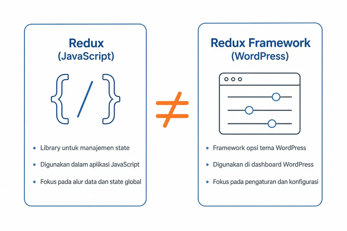 Dua kartu berdampingan: Redux JavaScript mengelola state aplikasi, Redux Framework membuat panel pengaturan WordPress.