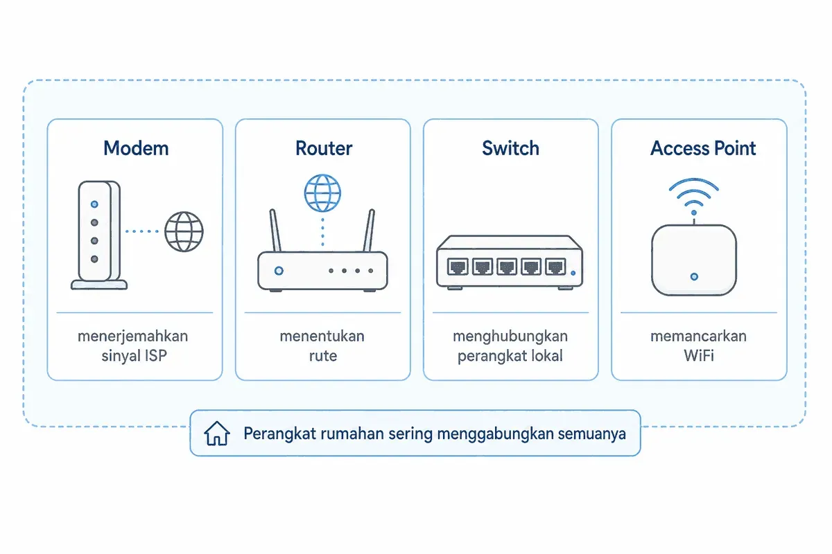 Diagram peran modem, router, switch, dan access point dalam jaringan.
