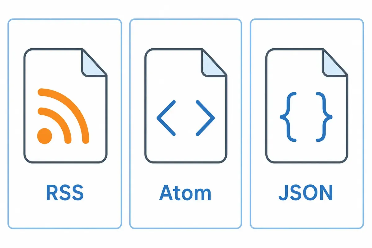 Tiga kartu dokumen berlabel RSS, Atom, dan JSON dengan simbol gelombang, kurung sudut, dan kurung kurawal.
