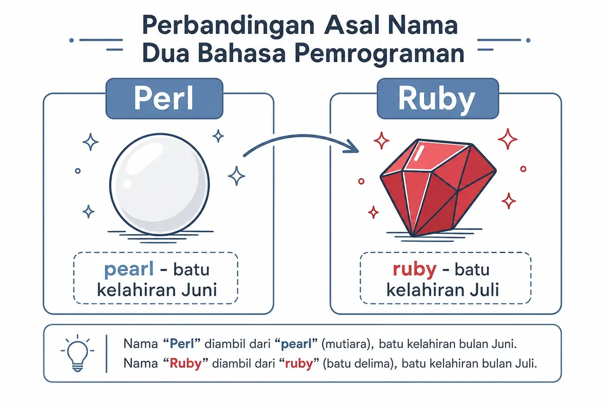 Perbandingan asal nama: Perl dari pearl, batu kelahiran Juni, dan Ruby dari batu kelahiran Juli.